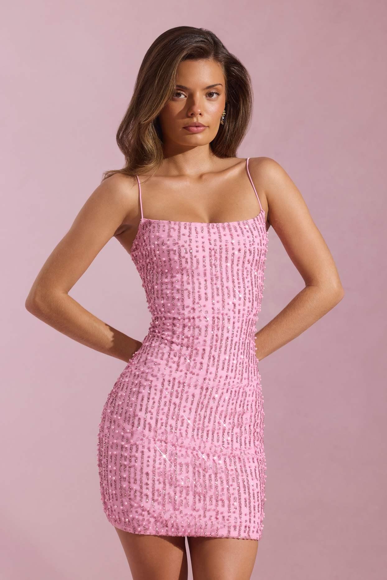 Embellished Scoop-Neck Bodycon Mini Dress in Pink Product Image