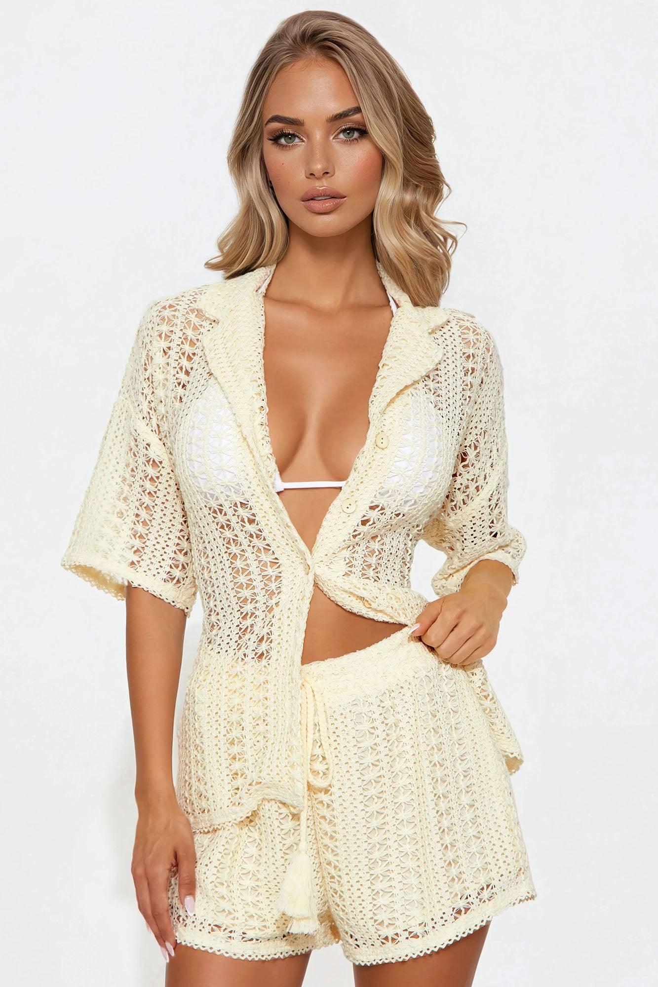 Meet At Dusk Crochet Short Set - Cream Female Product Image