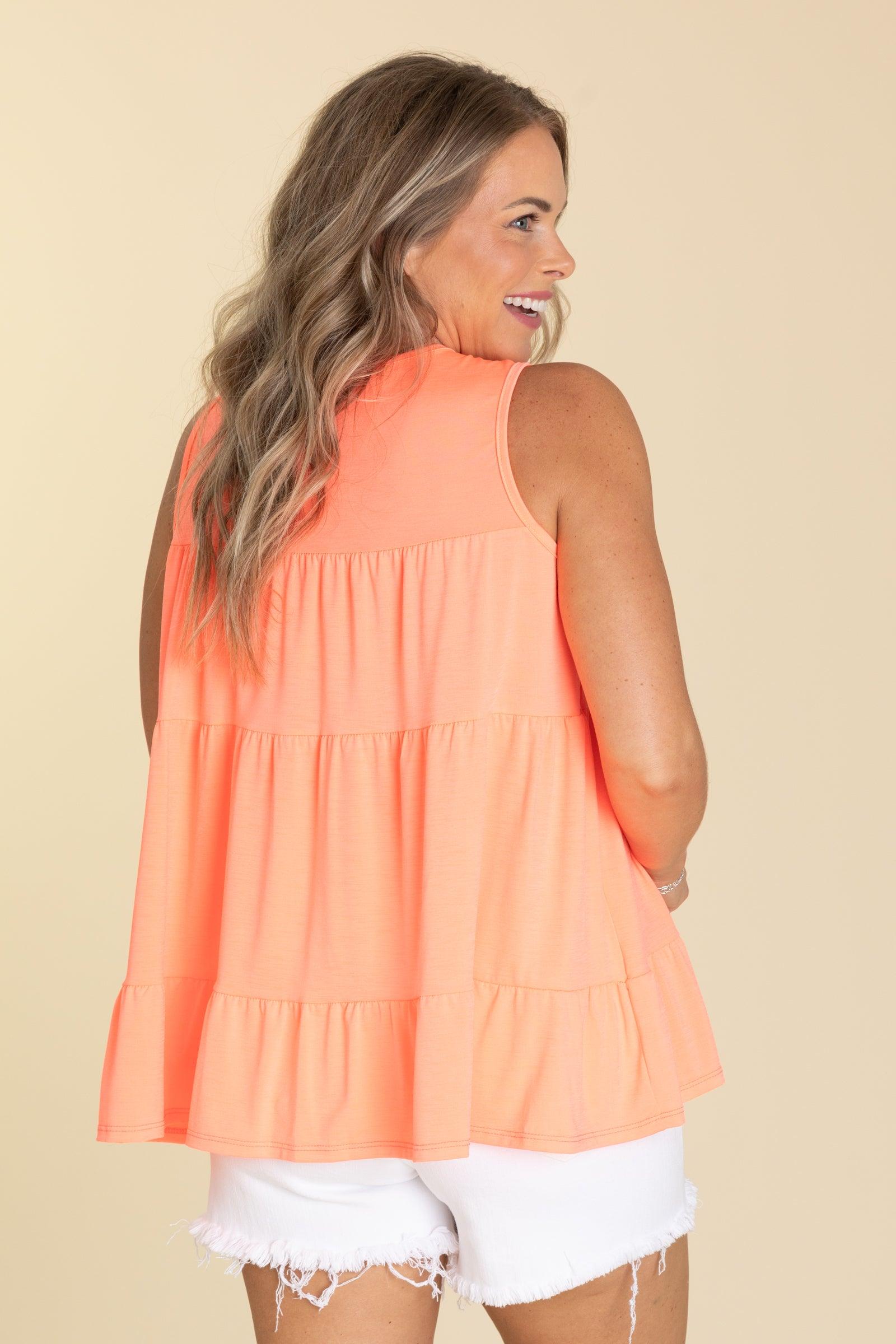 Neon Orange Solid Sleeveless Tiered Knit Top Product Image