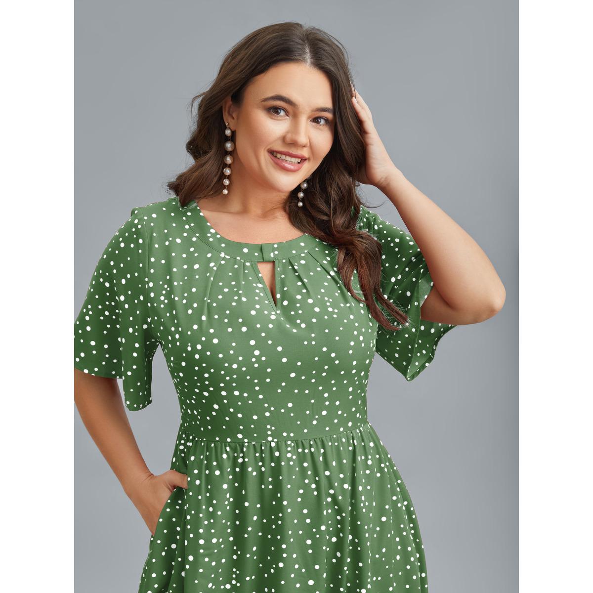 Plus Size Polka Dots Print Cut-Out Flutter Sleeve Midi Dress Greenbean Women Elegant Pleated Round Neck Short sleeve Curvy BloomChic 28/5X Product Image