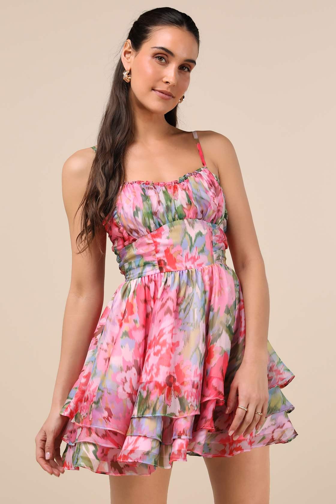 Evonne Pink Abstract Floral Tiered Mini Skater Dress Product Image