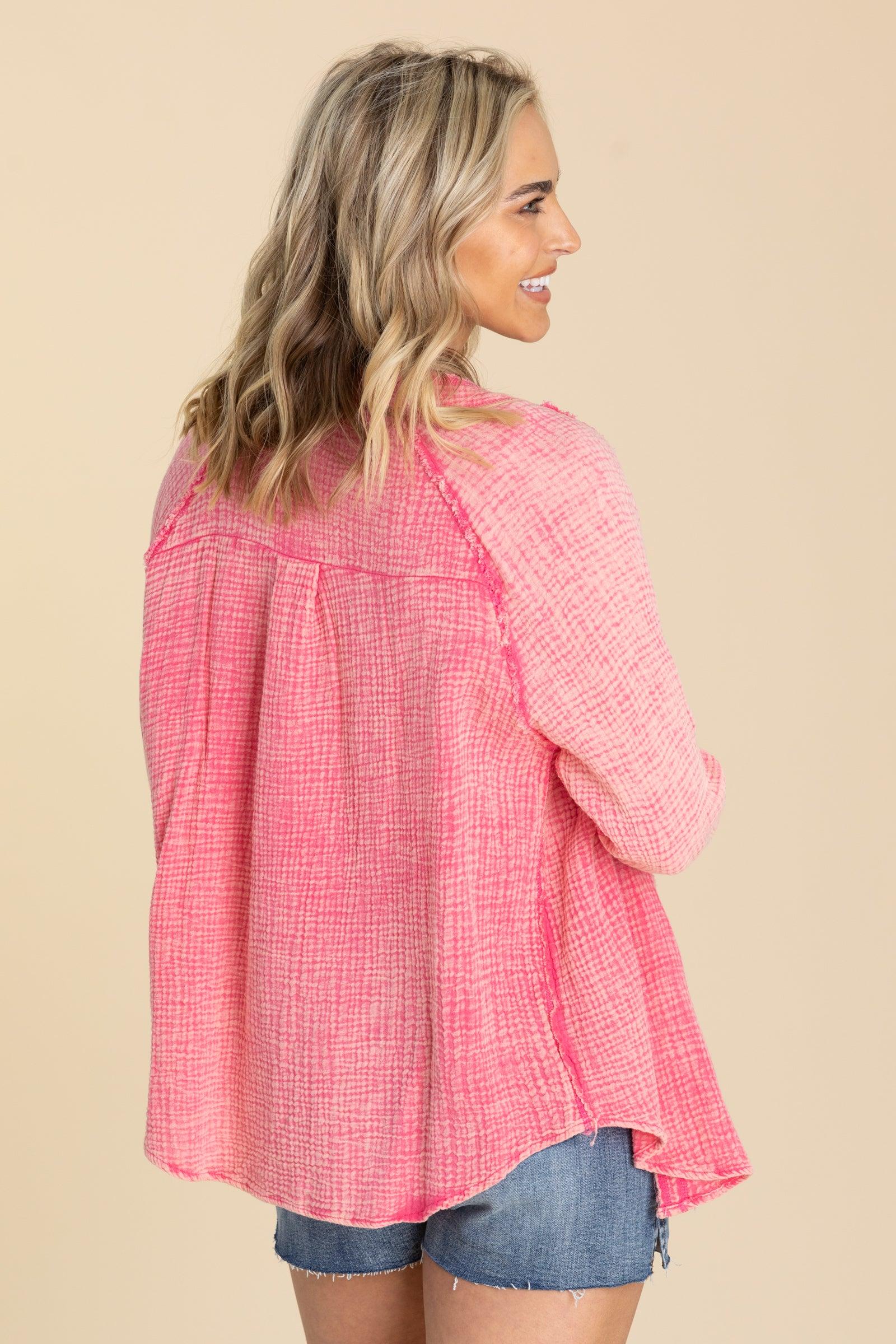 Hot Pink Mineral Washed Button Up Knit Top Product Image