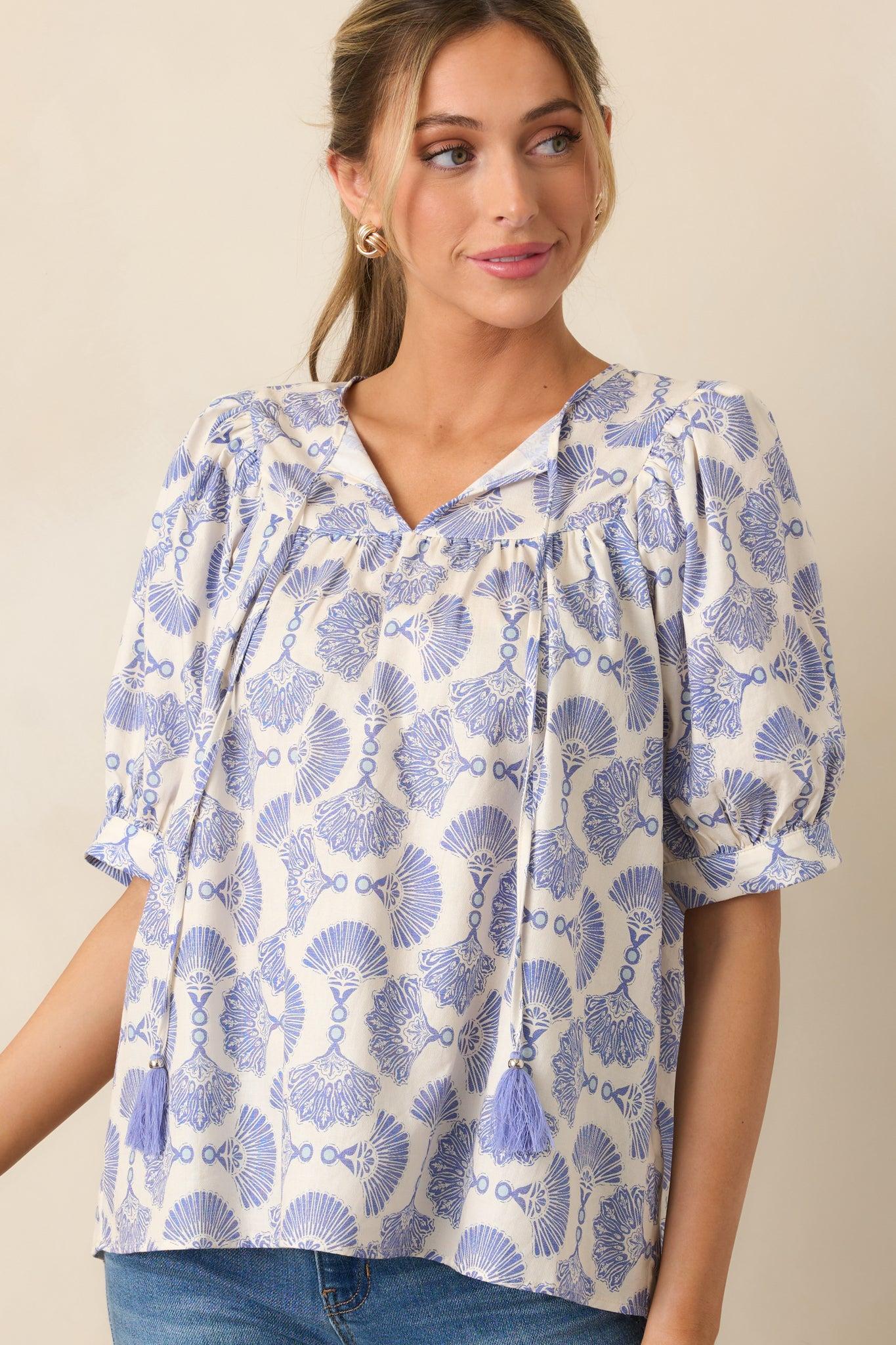 River Cruise Cotton Blue Print Blouse Product Image