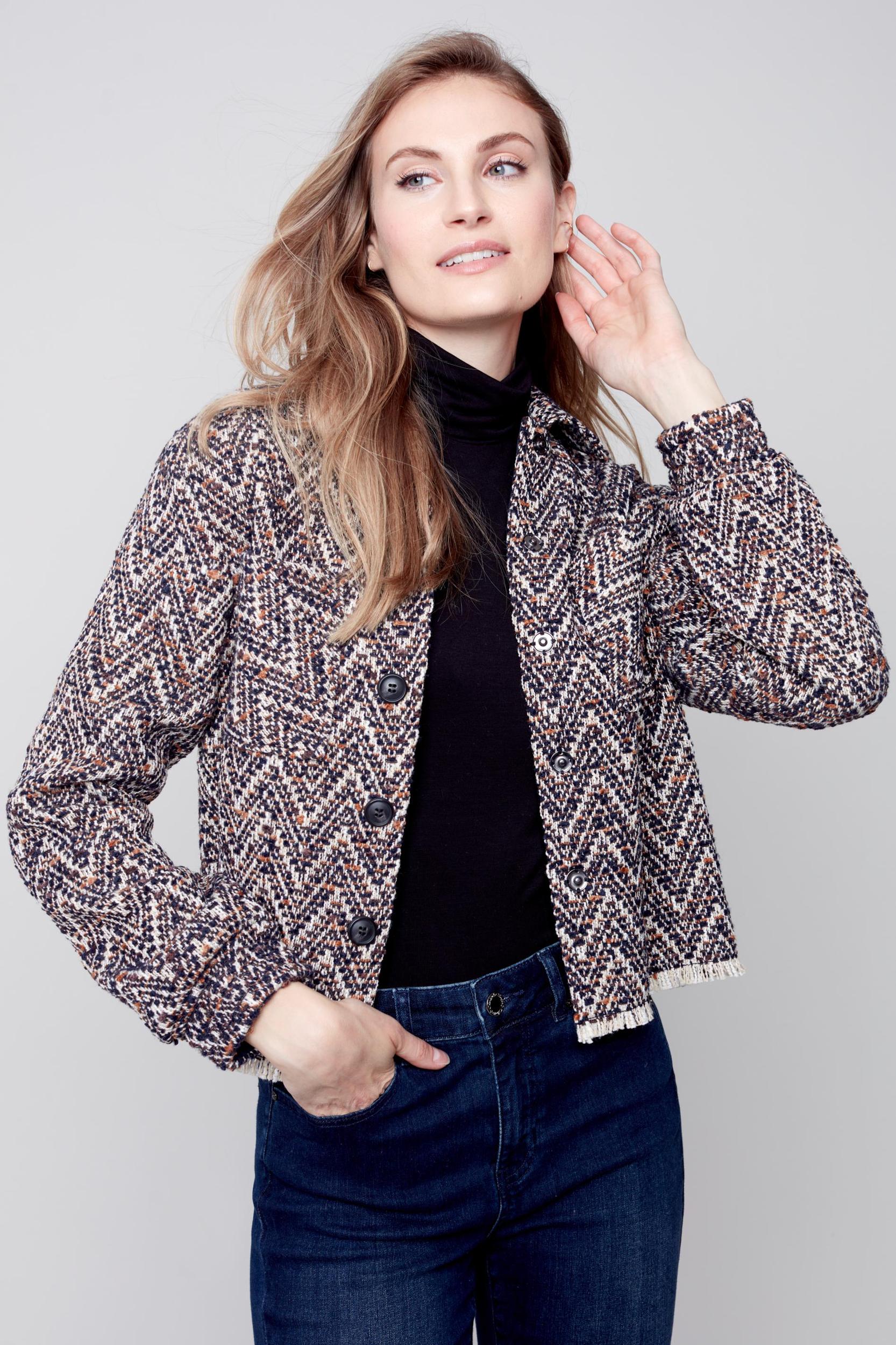 Tweed Cropped Shirt w/Zig Zag Pattern Product Image