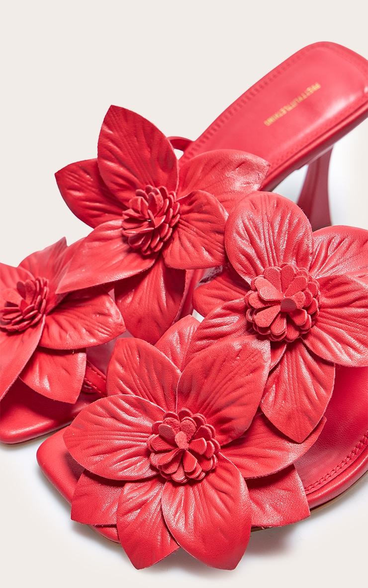 Red Pu Square Toe Multi Flower Detail Mid Stiletto Heeled Mules Product Image