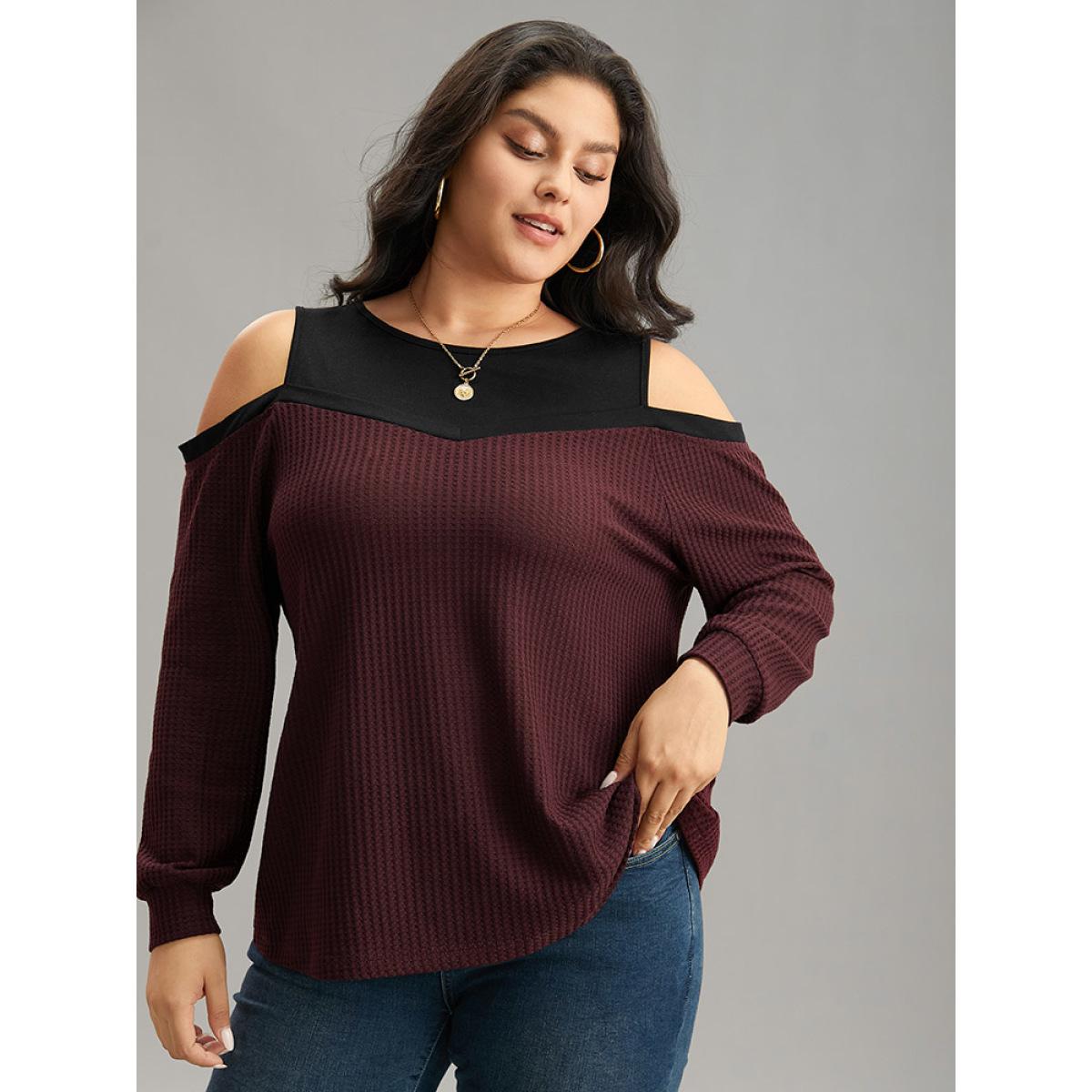 Plus Size Cold Shoulder Patchwork Contrast Waffle Knit T-shirt Burgundy Women Casual Waffle Knit Plain Cold Shoulder Dailywear T-shirts BloomChic 10/M Product Image