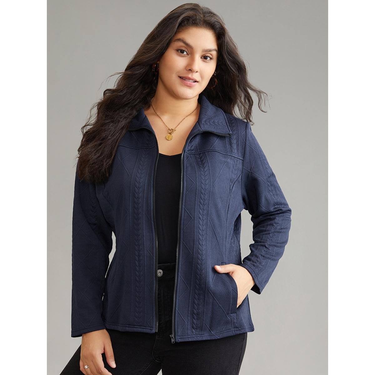 Plus Size Solid Jacquard Zipper Texture Jacket Women Indigo Texture Pocket Dailywear Jackets BloomChic 18-20/2X Product Image