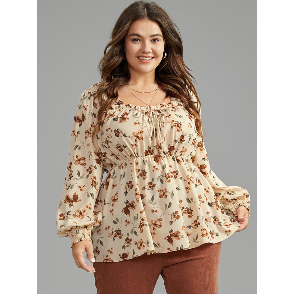 Plus Size Tan Ditsy Floral Shirred Ties Square Neck Blouse Women Elegant Long Sleeve Square Neck Dailywear Blouses BloomChic 18-20/2X Product Image