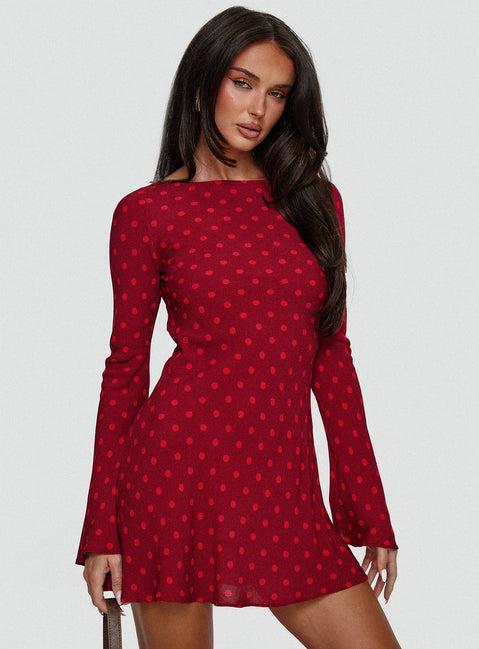 Good Graces Long Sleeve Mini Dress Red Dot Product Image