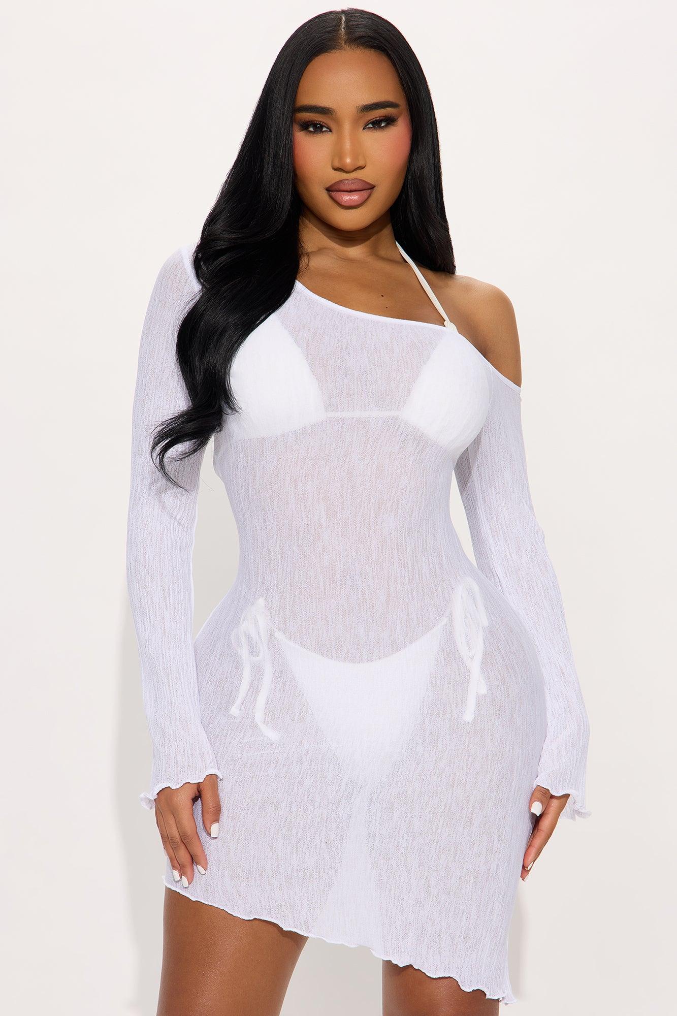 Summer Breeze Off Shoulder Asymmetrical Plisse Cover Up Dress - White Product Image