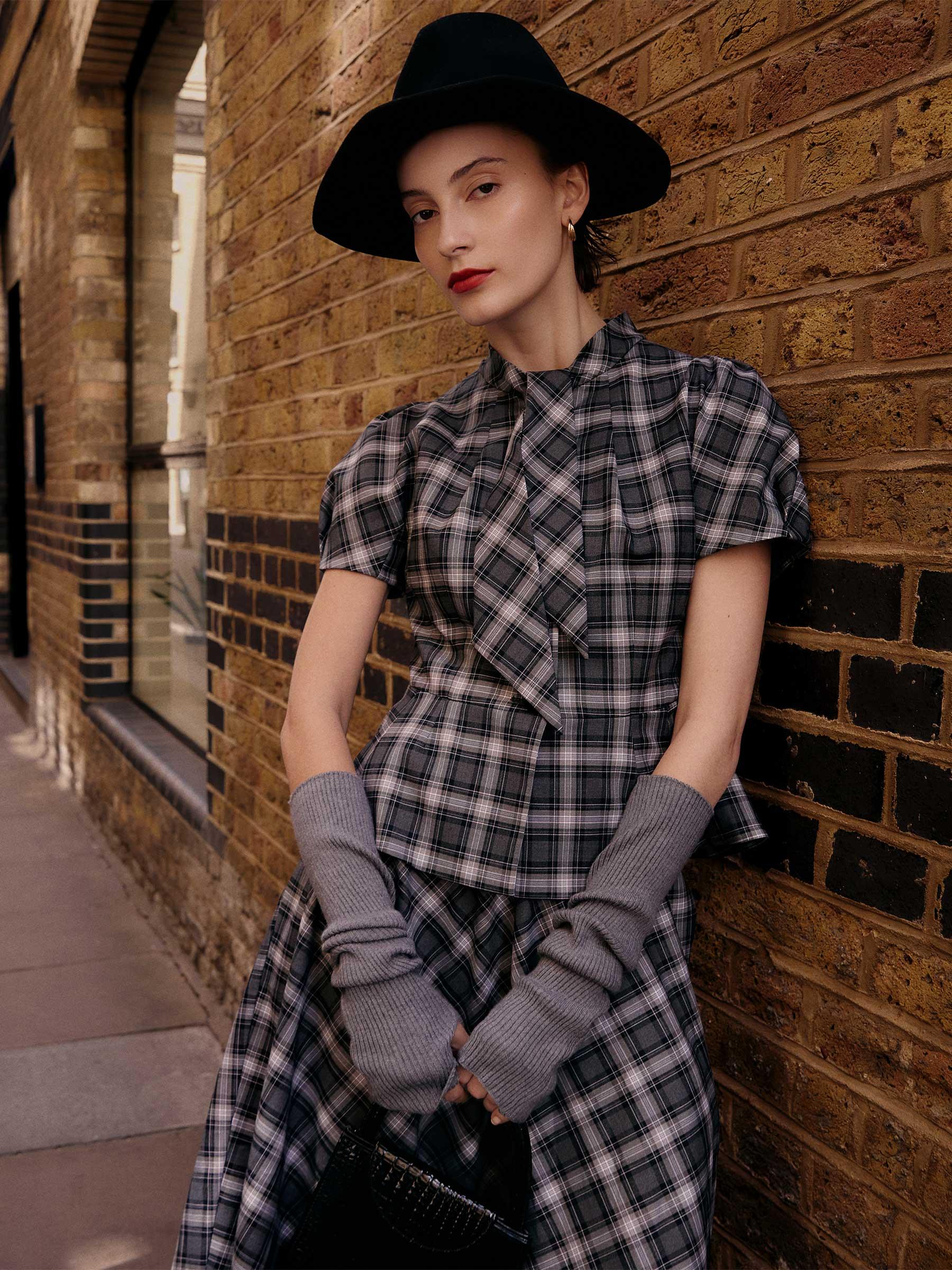 Plaid Ribbon Tie Women Flare Hem Top Product Image