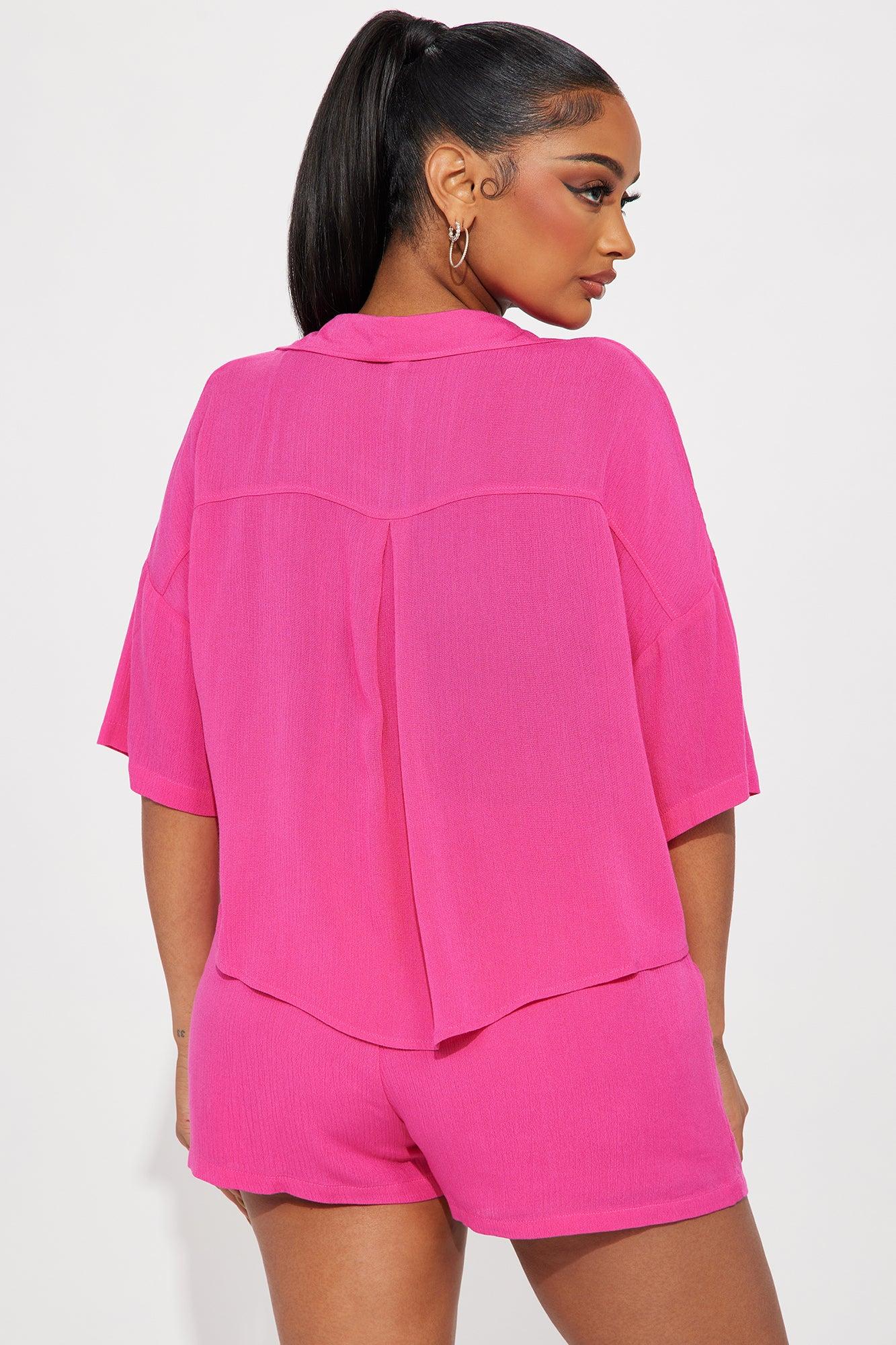 By The Coast Gauze Short Set - Hot Pink Product Image