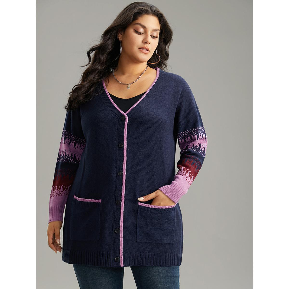 Plus Size Contrast Heather Pocket Open Front Cardigan Midnight Women Casual Loose Long Sleeve Everyday Cardigans BloomChic 12/L Product Image