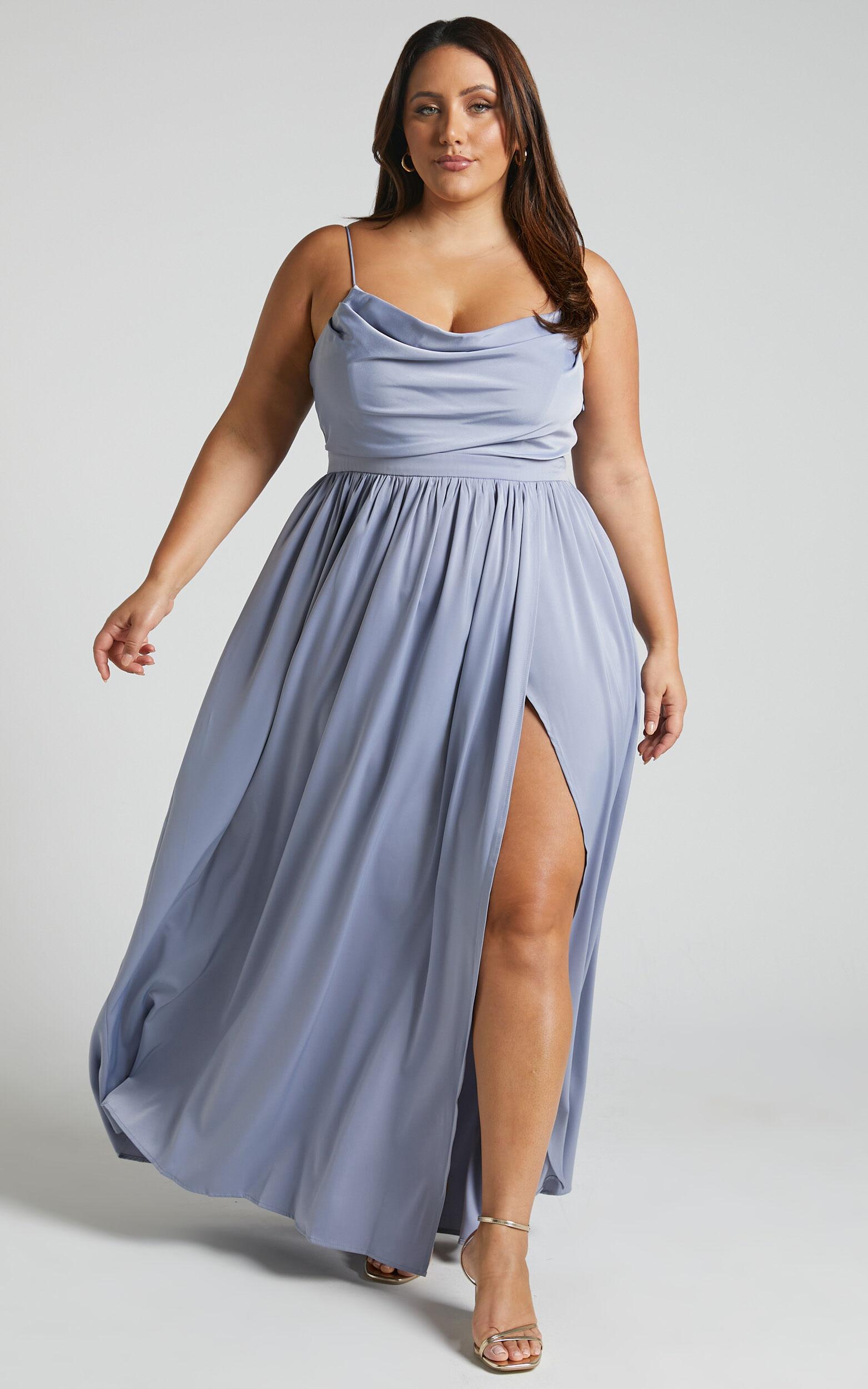Gemalyn Maxi Dress - Cowl Neck Thigh Split Dress in Sky Blue Product Image