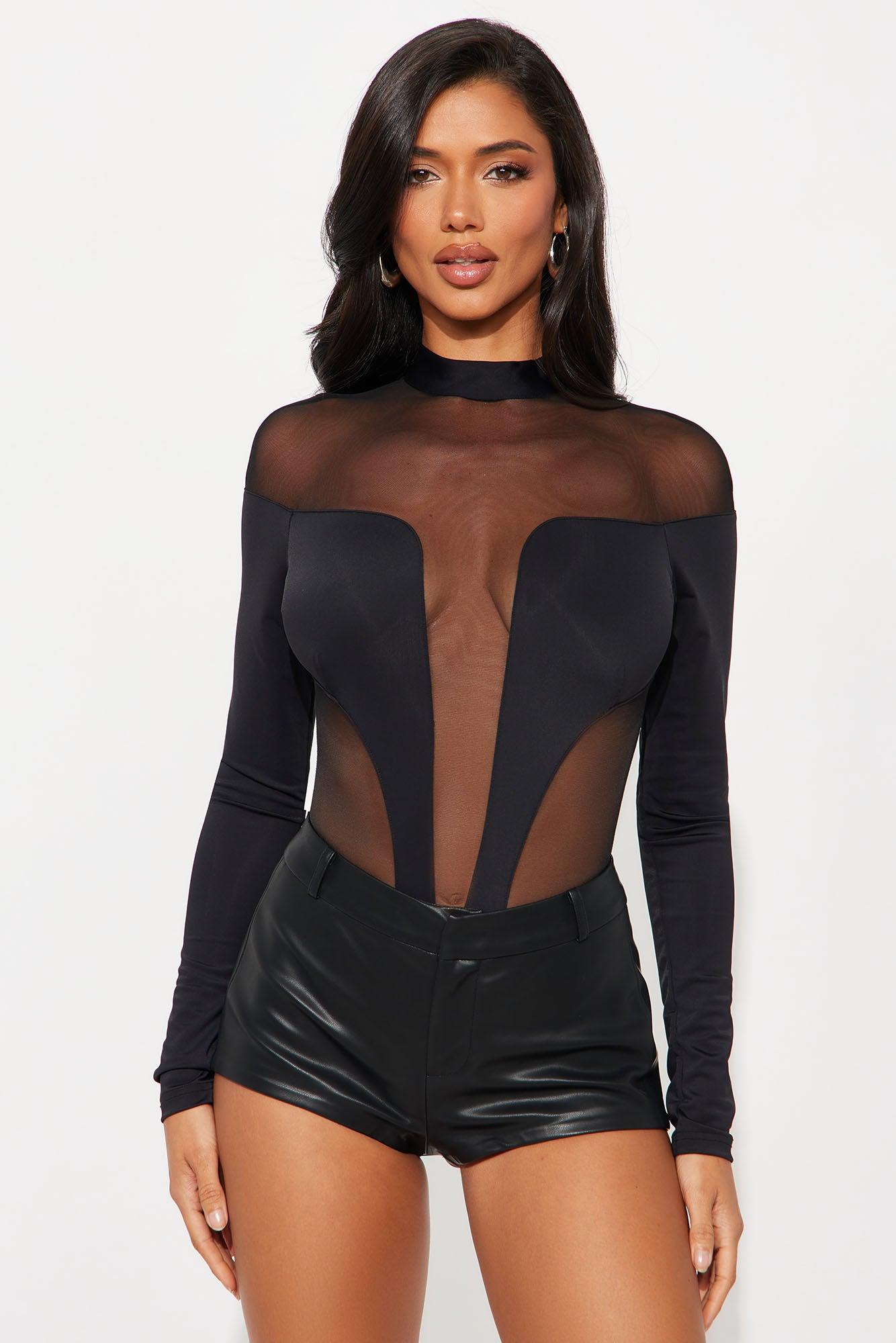 Zuri Mesh Cut Out Long Sleeve Bodysuit - Black Female Product Image