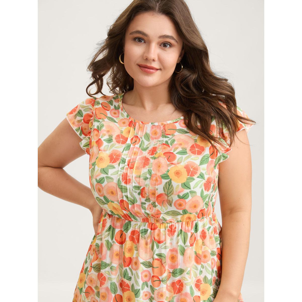 Plus Size Citrus Print Pleated Flutter Sleeve Midi Dress Multicolor Women Round Neck Cap Sleeve Curvy BloomChic 18-20/2X Product Image