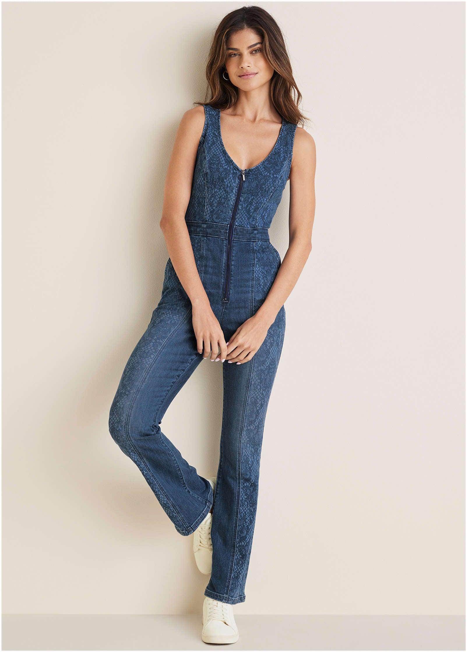 Lace Print Denim Jumpsuit - Medium Wash Product Image
