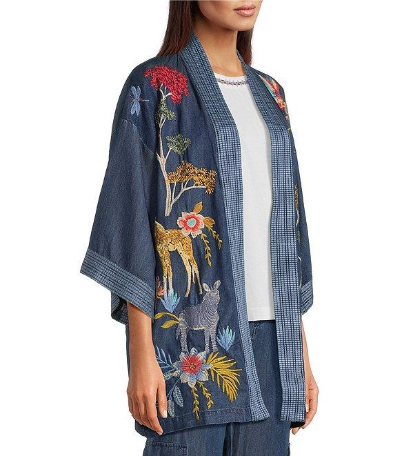 JOHNNY WAS Jane Lightweight Denim Embroidered Open Front 3/4 Bell Sleeve Kimono Jacket Product Image