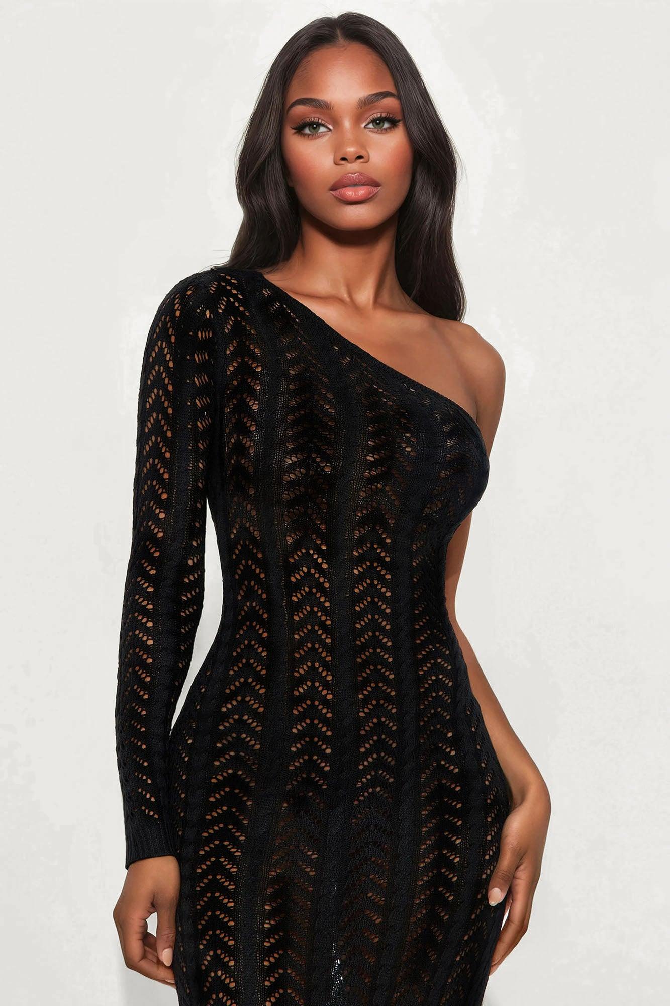 Rayna Crochet One Shoulder Maxi Dress - Black Female Product Image