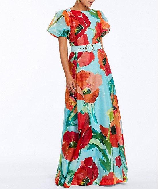 Mestiza New York Pippa Floral Organza Round Neck Puff Sleeve Belted Fit-And-Flare Gown Product Image