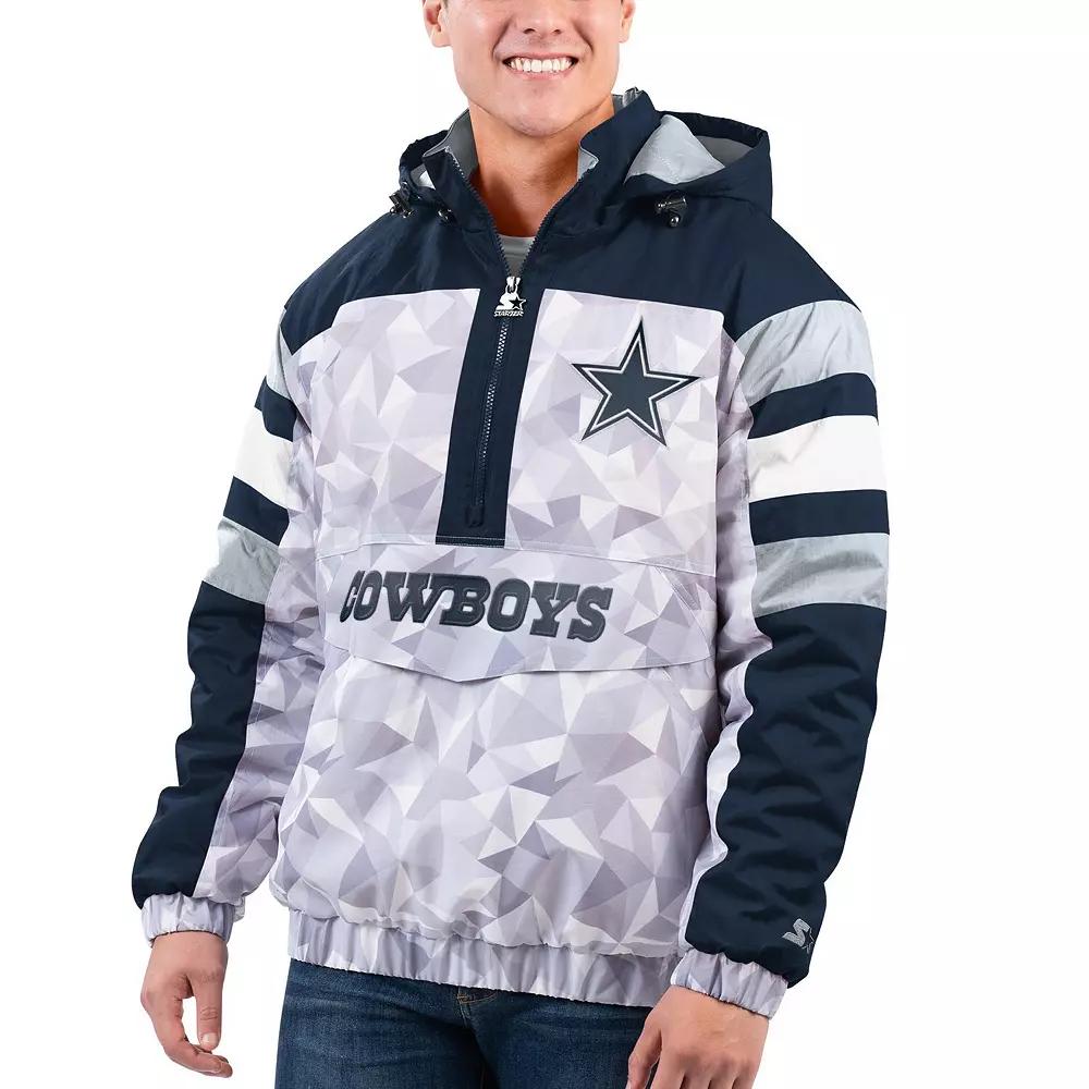 Men's Starter White/Navy Dallas Cowboys Thursday Night Gridiron Raglan Half-Zip Hooded Jacket, Size: Small, Grey Product Image