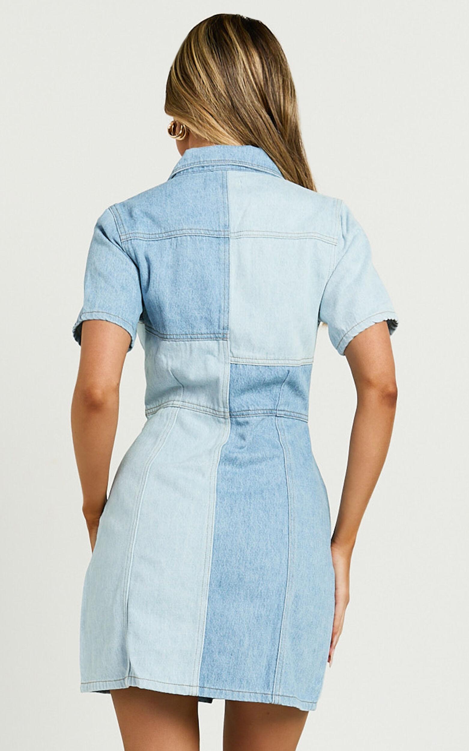 Gladys Mini Dress - Short Sleeve Patchwork Denim Dress in Multi Product Image