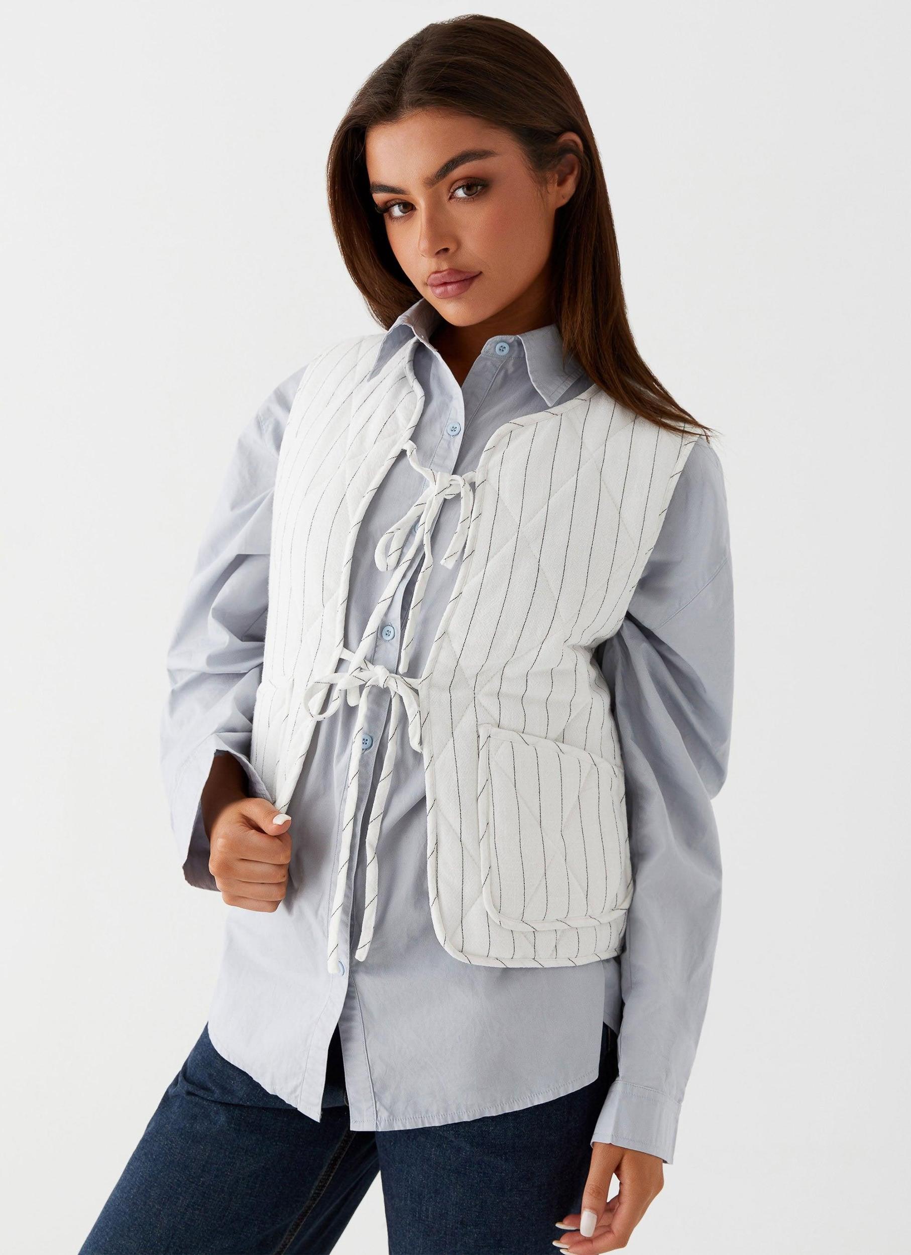 Celini Quilted Vest - White Pinstripe Product Image