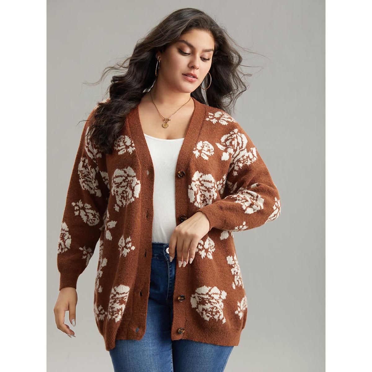 Plus Size Anti-Pilling Floral Print Drop Shoulder Cardigan Chocolate Women Casual Loose Long Sleeve Dailywear Cardigans BloomChic 14-16/1X Product Image
