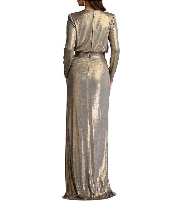 Tadashi Shoji V Neck Long Sleeve Metallic Jersey Ruffle Front Blouson Gown Product Image