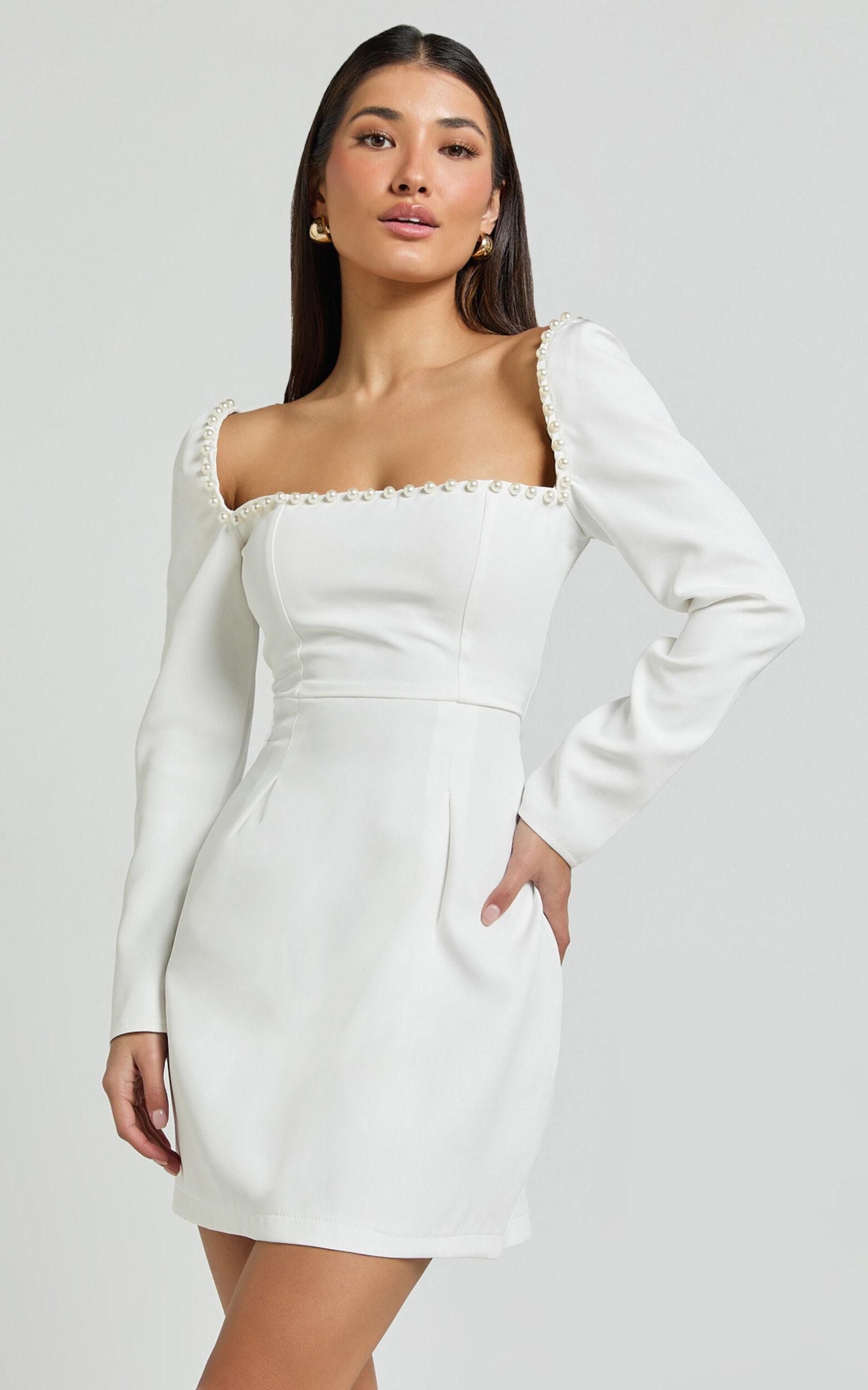 Edelyn Mini Dress - Square Neck Long Sleeve A Line Dress in White Product Image