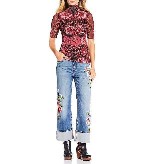 JOHNNY WAS Floral Print Mesh Knit Mock Neck Elbow Sleeve Top Product Image