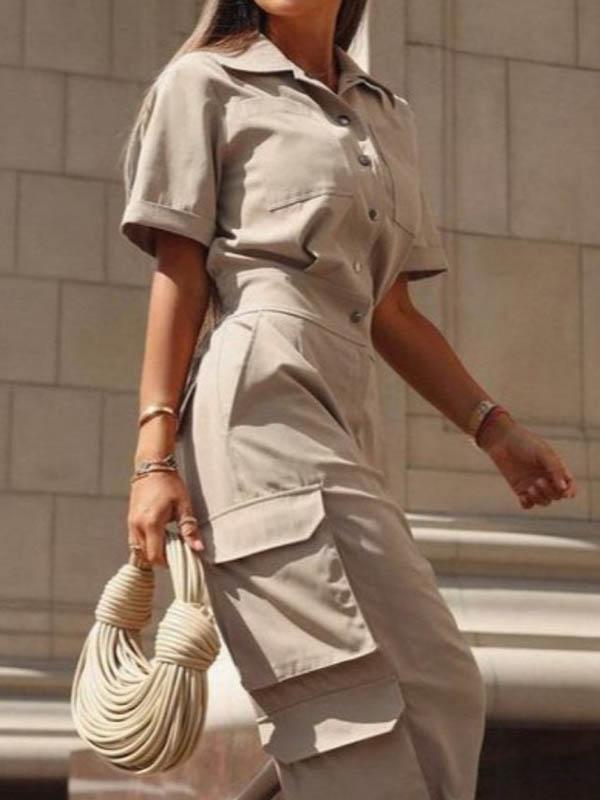 Loose Short Sleeves Buttoned Pockets Solid Color Lapel Jumpsuits Product Image
