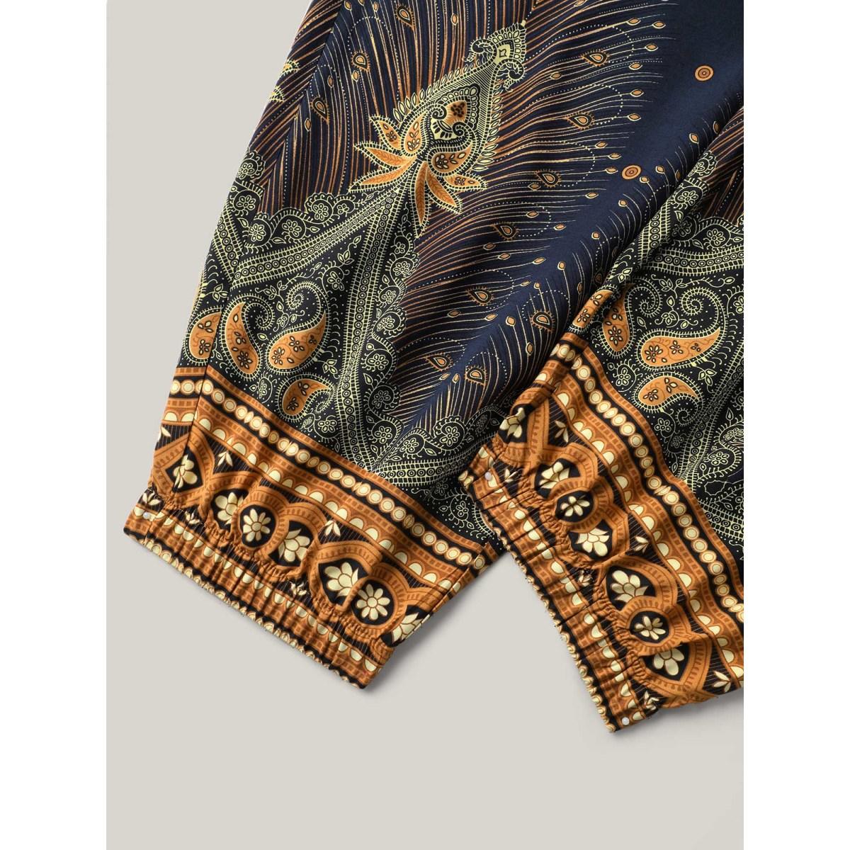 Plus Size Peacock Print Shirred Jogger Pants Women Indigo Boho Mid Rise Vacation Pants BloomChic 10/M Product Image