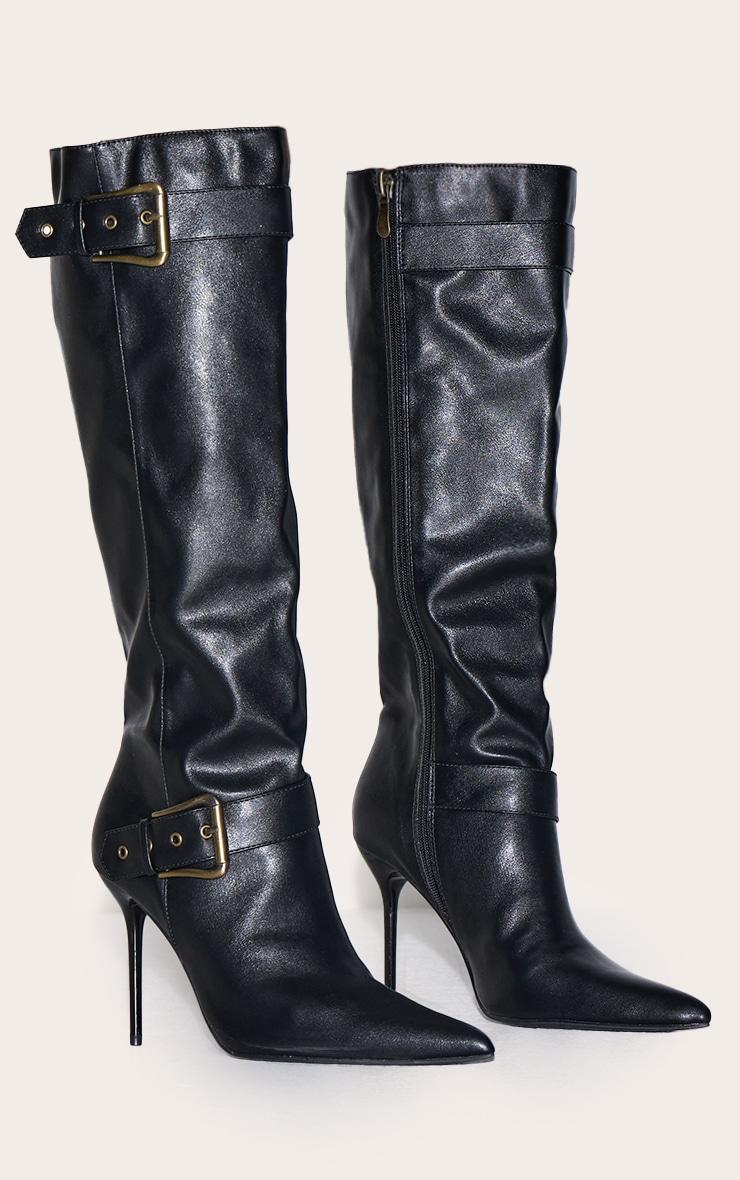 Black PU Knee High Point Toe Buckle High Stiletto Knee High Boots Product Image