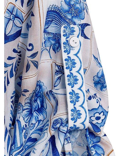 Agua Bendita Chrissy Azure Printed Point Collar 3/4 Sleeve Button Down Shirt Product Image