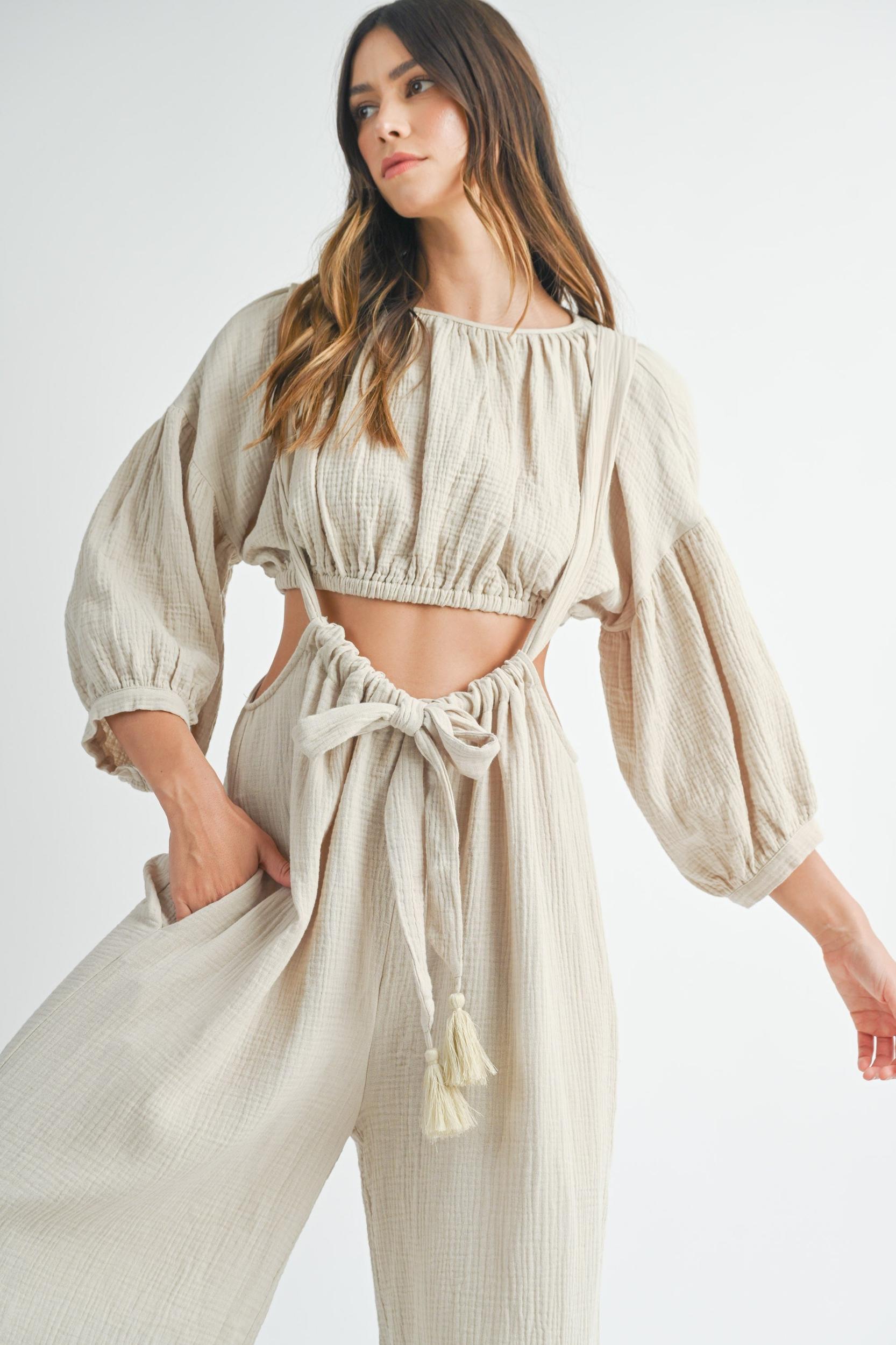 Crop Top & Suspender Wide Pants Set Product Image