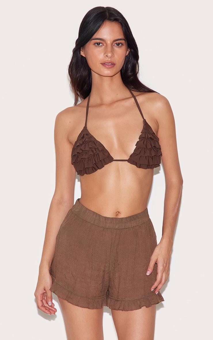 Chocolate Linen Look Frill Edge Shorts Product Image