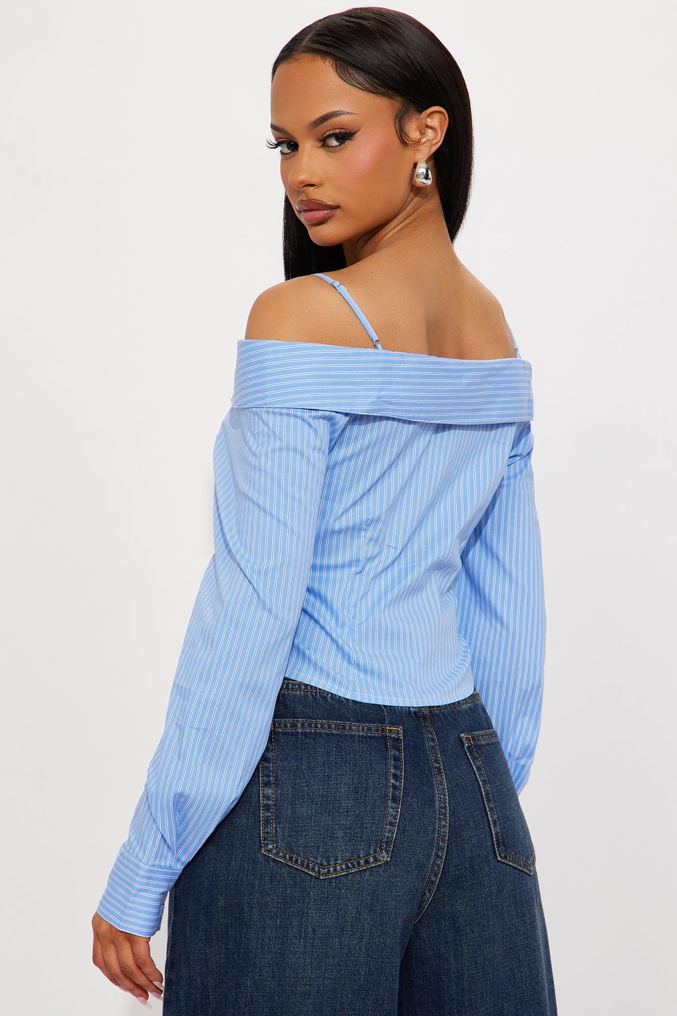 Perfectionist Off Shoulder Striped Poplin Shirt - Blue/combo Product Image