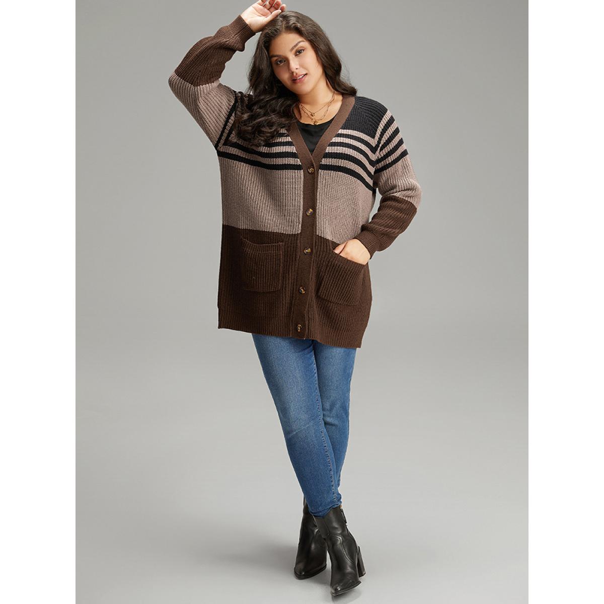 Plus Size Striped Colorblock Patched Pocket Cardigan Multicolor Women Casual Loose Long Sleeve Dailywear Cardigans BloomChic 12/L Product Image