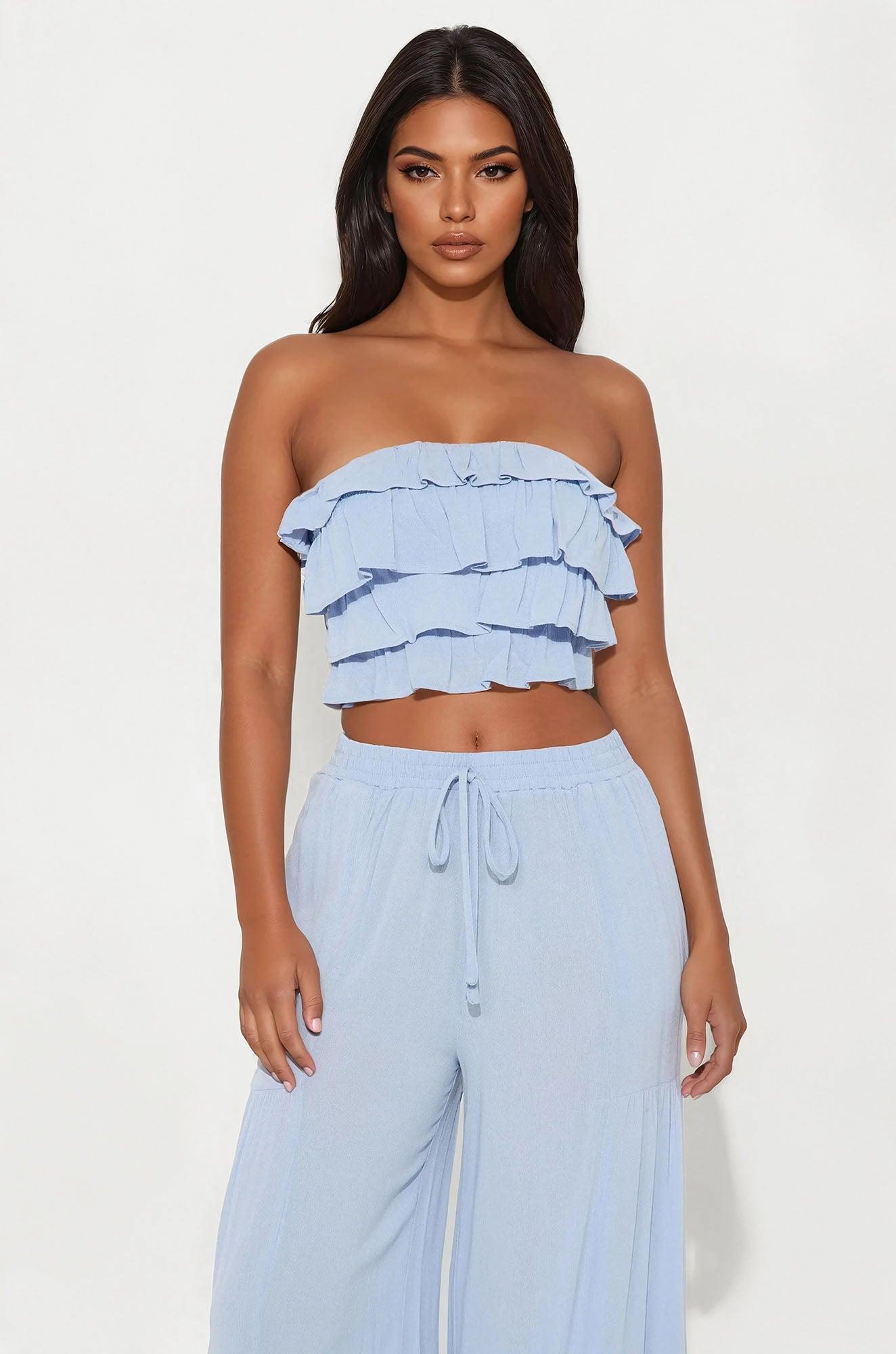 Aurora Ruffle Wide Leg Pant Set - Blue Product Image