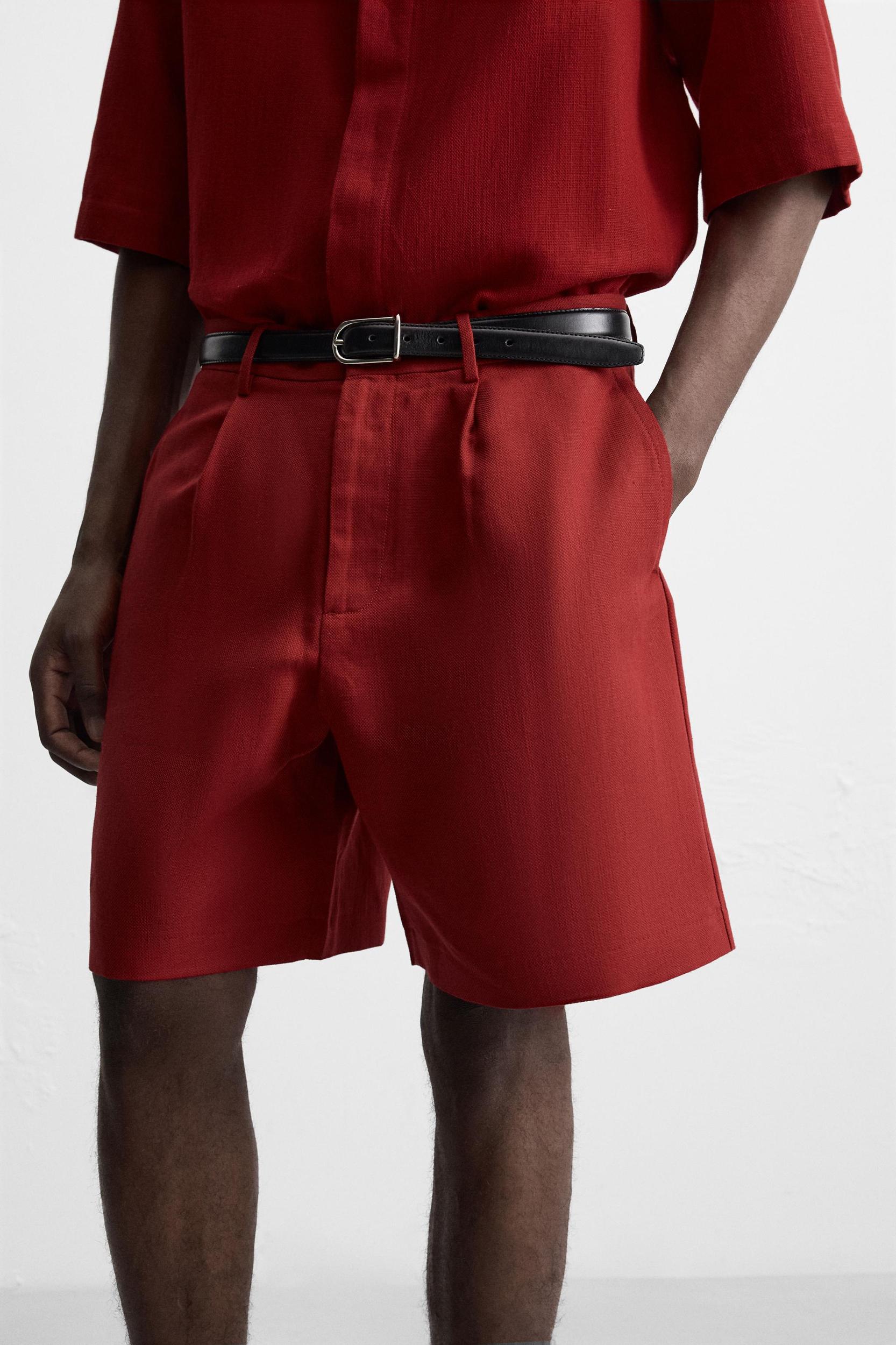 COTTON LINEN TEXTURED BERMUDA SHORTS Product Image
