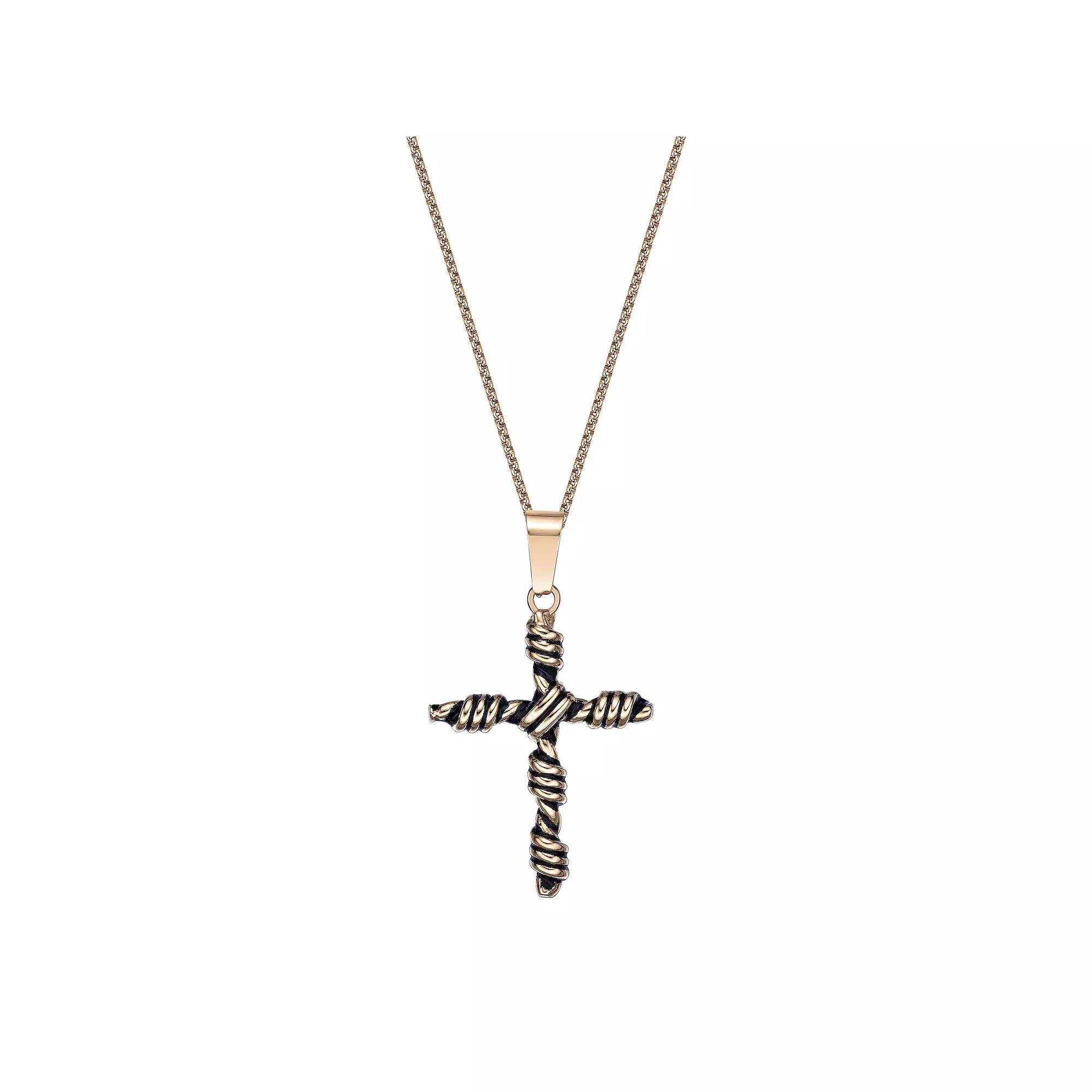 Men's LYNX Gold Tone & Black Ion-Plated Stainless Steel Cross Pendant Necklace, Size: 24", Two Tone Product Image