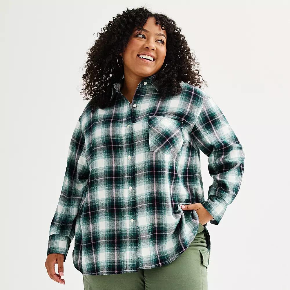 Plus Size Sonoma Goods For Life® Oversized Boyfriend Flannel Shirt, Women's, Size: 1XL, Moss Green Plaid Product Image