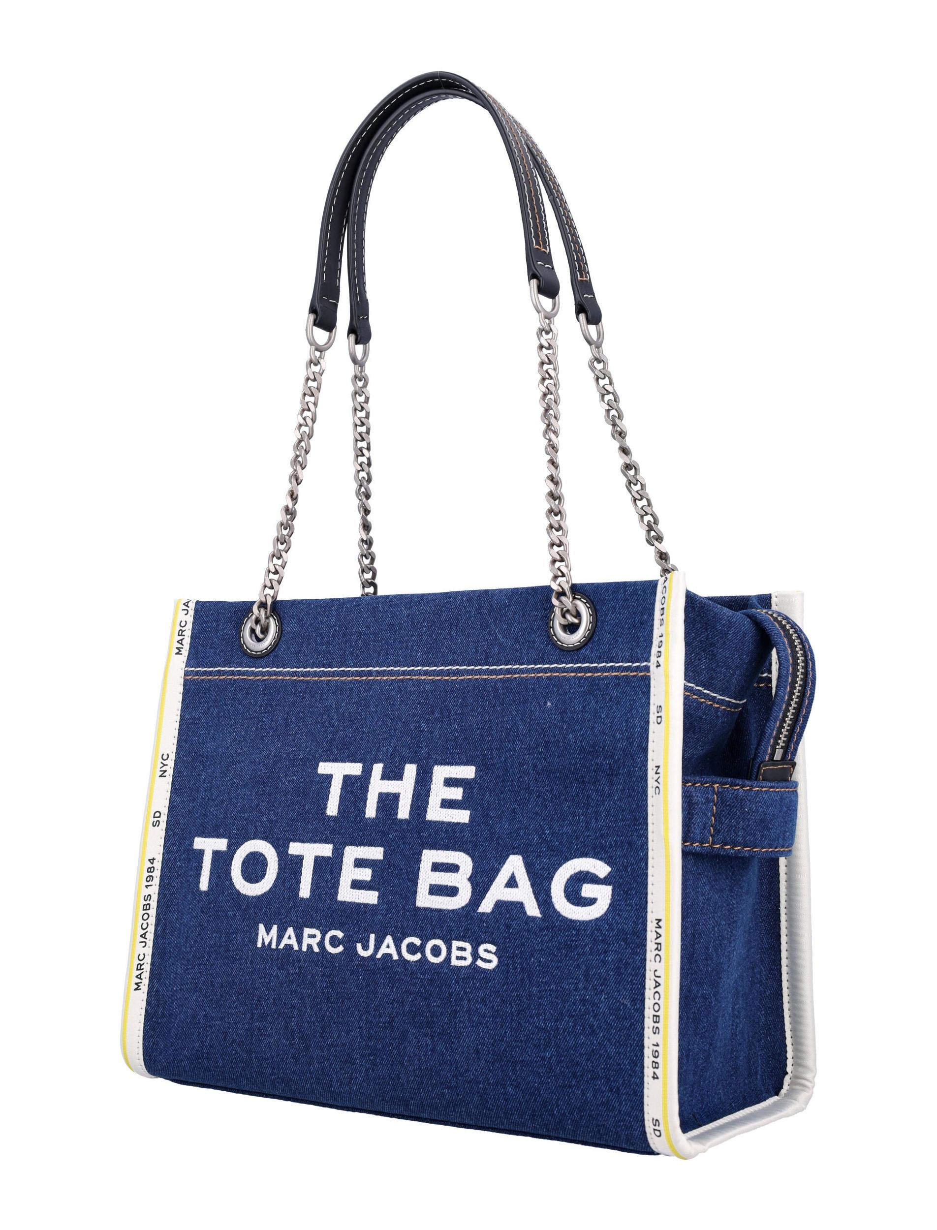 MARC JACOBS The Medium Tote In Blue Denim With Embroidered Logo In Dark Wash Product Image