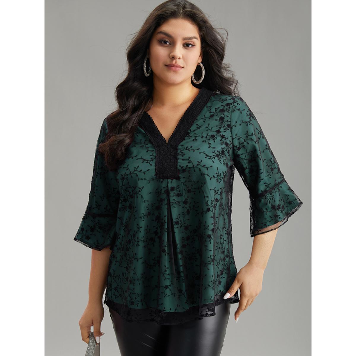 Plus Size DarkGreen Crochet Lace Mesh Bell Sleeve Blouse Women Cocktail Elbow-length sleeve V-neck Party Blouses BloomChic 22-24/3X Product Image