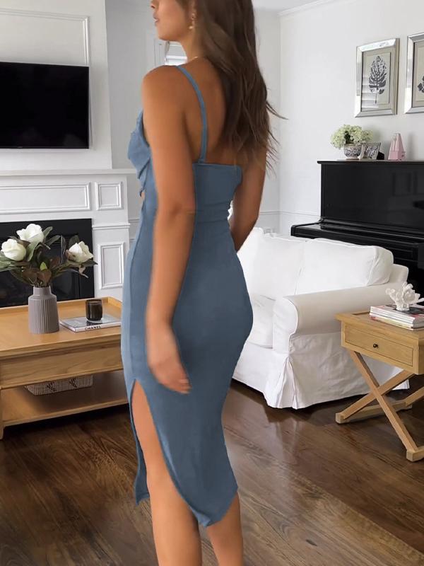 Solid Cutout Ruched Split Midi Dress Product Image