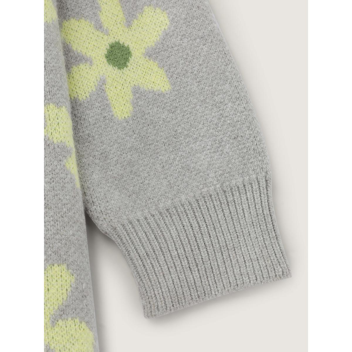 Plus Size Floral Pattern Jacquard Button Knit Cardigan LightGray Women Loose Long Sleeve Casual Cardigans BloomChic 22-24/3X Product Image