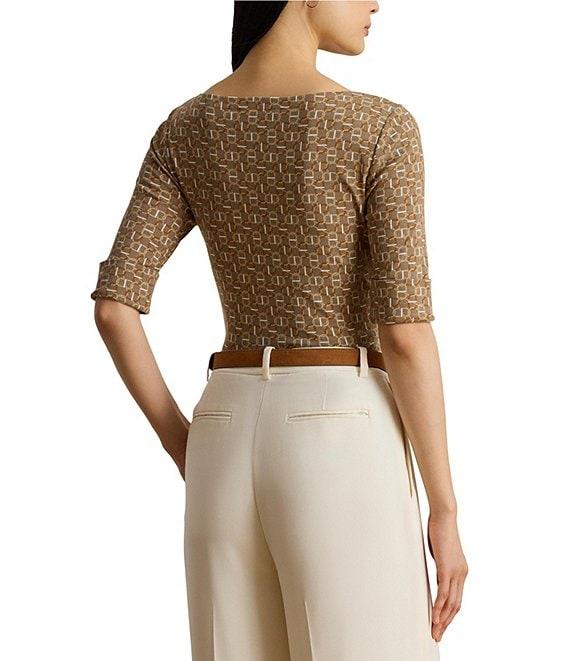 Lauren Ralph Lauren Knit Geo Print Stretch Cotton Boat Neck Elbow Sleeve Tee Product Image