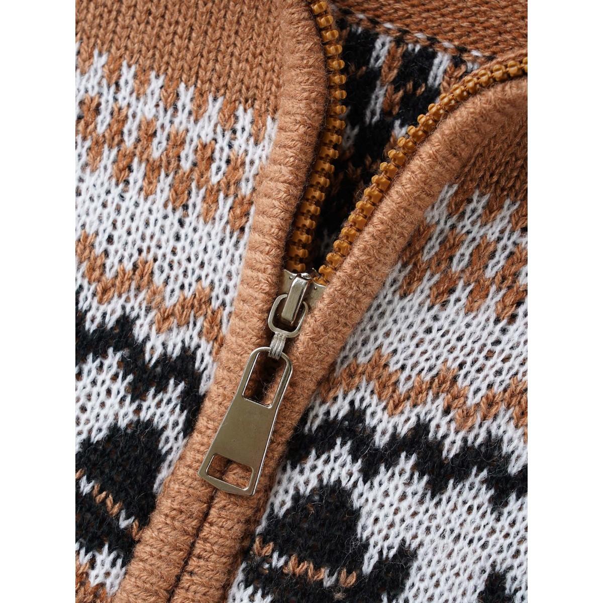 Plus Size Fair Isle Half Zipper Design Pullover Yellowishbrown Women Casual Long Sleeve Lapel Collar Everyday Pullovers BloomChic 14-16/1X Product Image