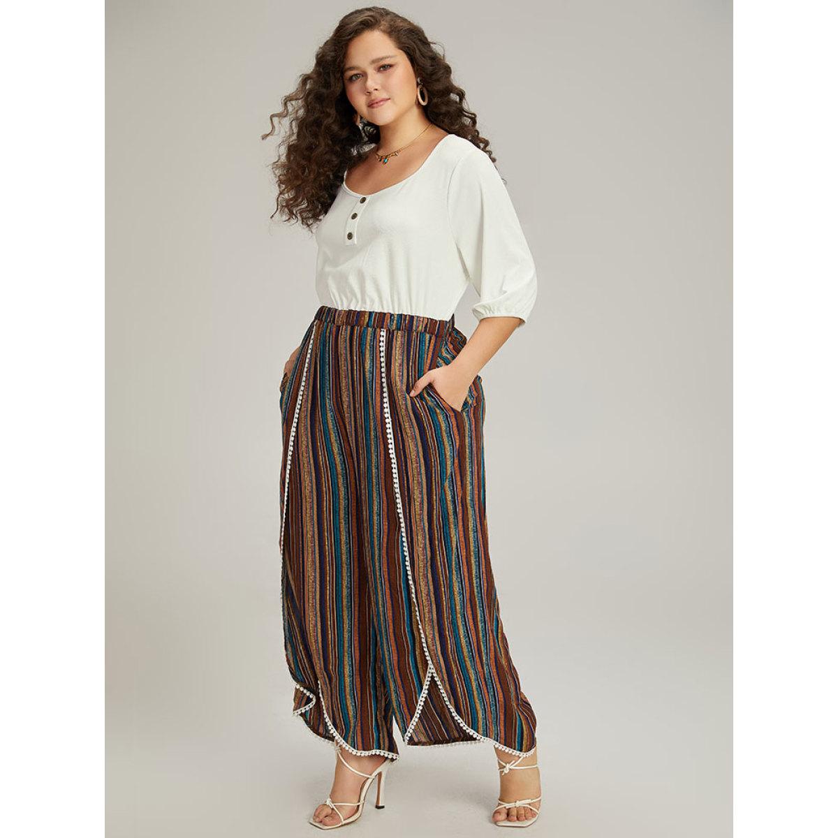 Plus Size Multicolor Rainbow Print Wrap Hem Pocket Button Detail Jumpsuit Women Vacation Half Sleeve Round Neck Dailywear Loose Jumpsuits BloomChic 14-16/1X Product Image